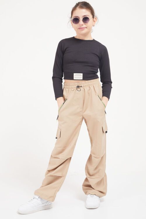 Krem Şeritli Fermuarlı Kargo Cepli Kız Paraşüt Pantolon 17604