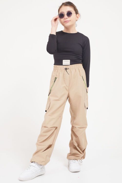 Krem Şeritli Fermuarlı Kargo Cepli Kız Paraşüt Pantolon 17604