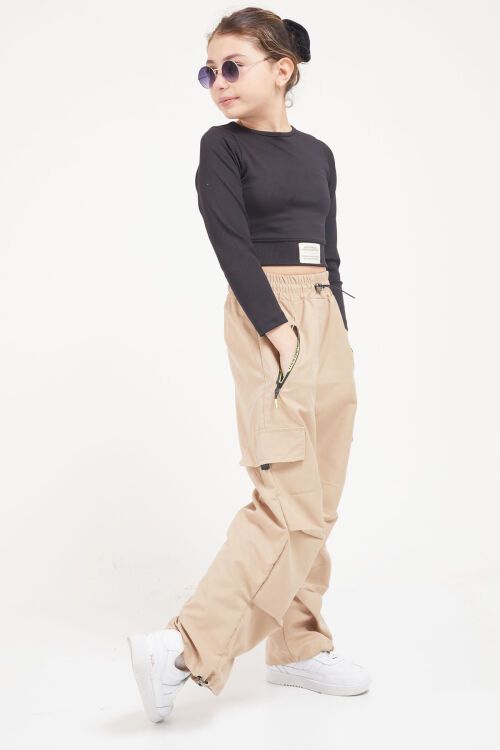 Krem Şeritli Fermuarlı Kargo Cepli Kız Paraşüt Pantolon 17604