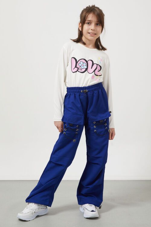 Lacivert Bağcık Cep Detaylı Kız Çocuk Paraşüt Pantolon 17633