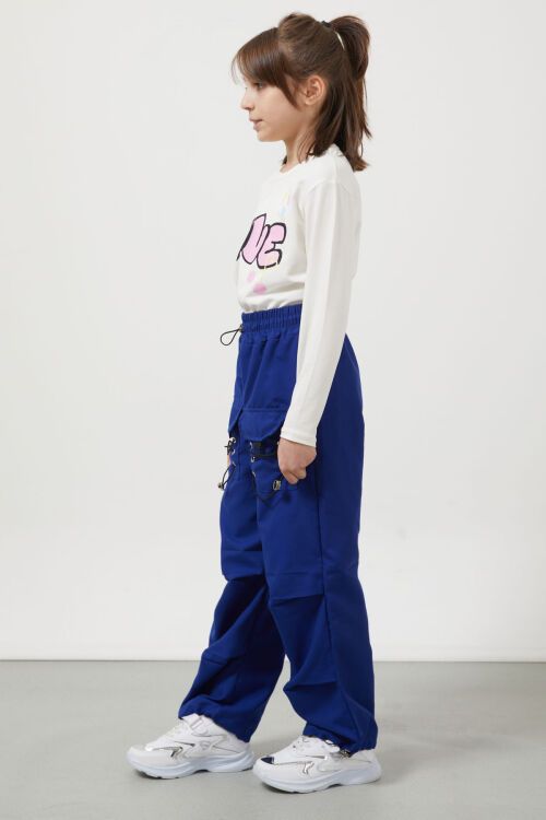 Lacivert Bağcık Cep Detaylı Kız Çocuk Paraşüt Pantolon 17633