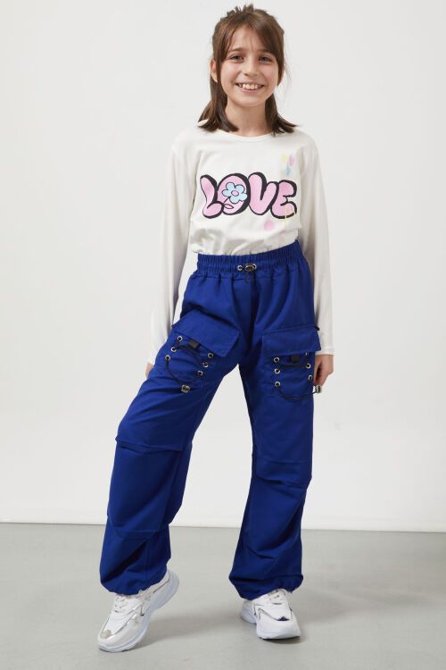Lacivert Bağcık Cep Detaylı Kız Çocuk Paraşüt Pantolon 17633
