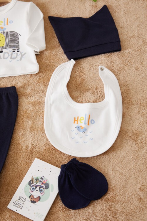 Lacivert Fil Baskılı Patikli Erkek Bebek 5li Zıbın Takımı 17506