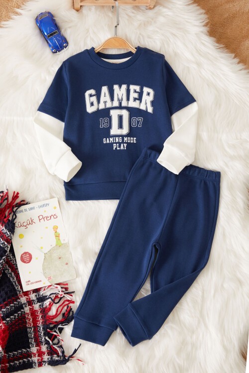 Lacivert Gamer Şeritli Baskılı Erkek Bebek Eşofman Takımı 17450