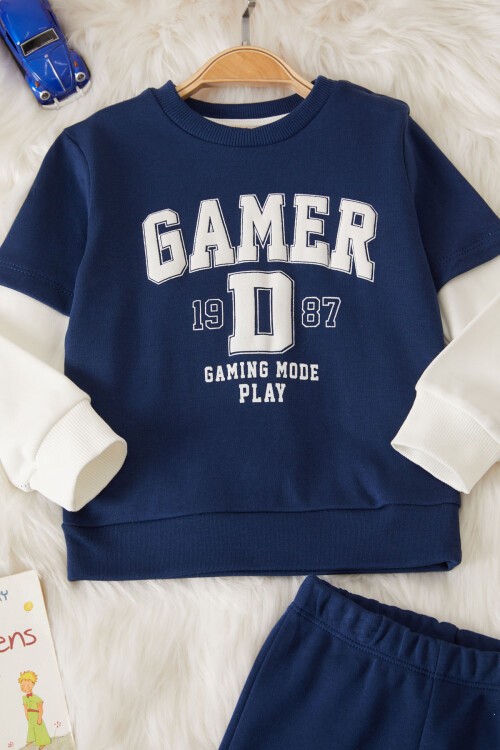 Lacivert Gamer Şeritli Baskılı Erkek Bebek Eşofman Takımı 17450