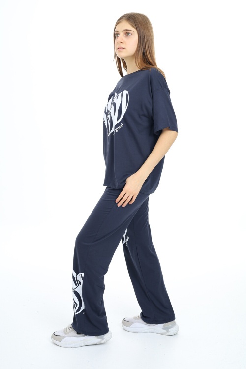 Lacivert Kalp Baskılı Kız Çocuk Takım 17888