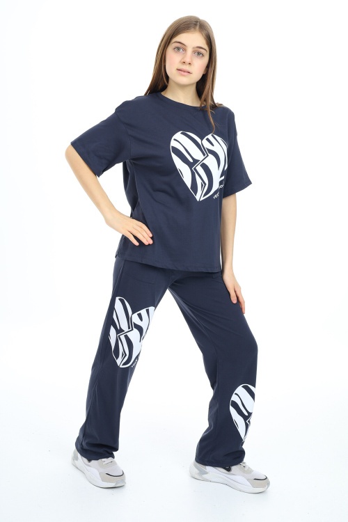 Lacivert Kalp Baskılı Kız Çocuk Takım 17888