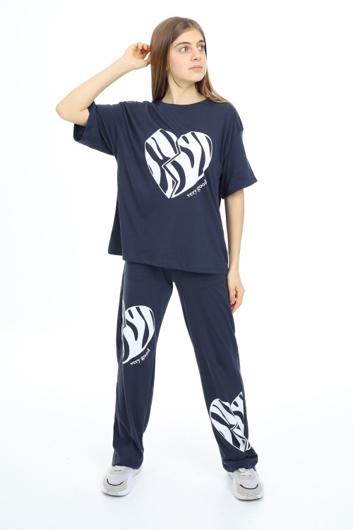 Lacivert Kalp Baskılı Kız Çocuk Takım 17888
