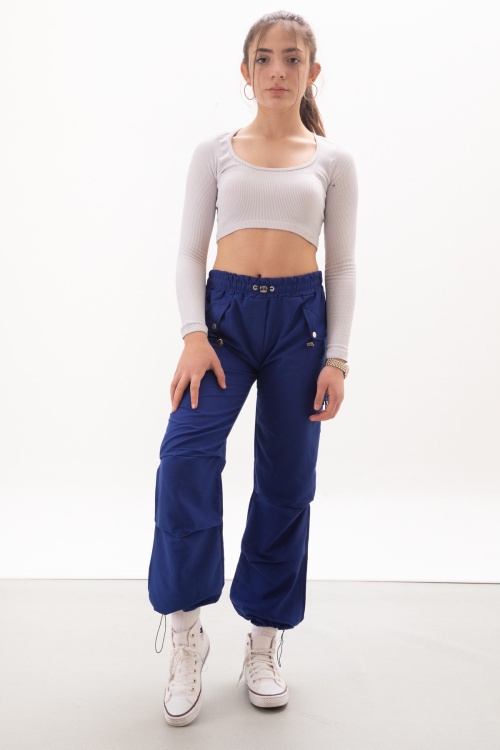 Lacivert Kapak Detaylı Beli Lastikli Kız Paraşüt Pantolon 18057