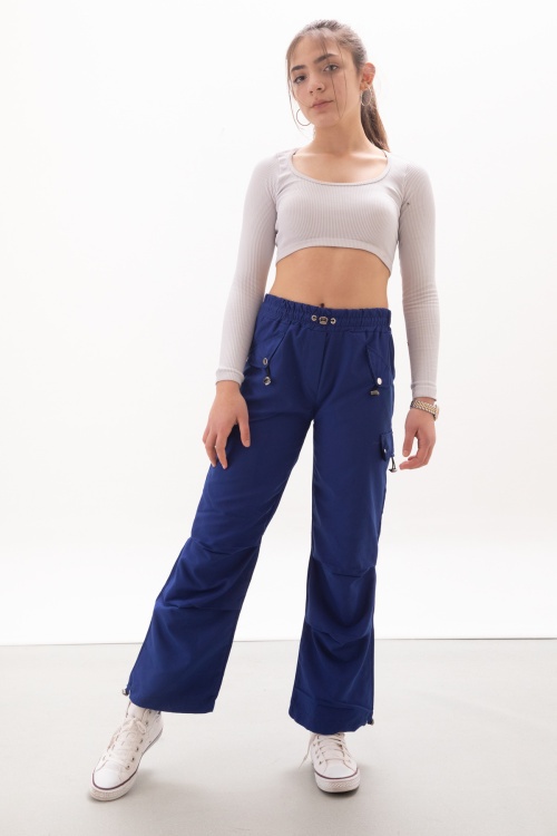 Lacivert Kapak Detaylı Beli Lastikli Kız Paraşüt Pantolon 18057