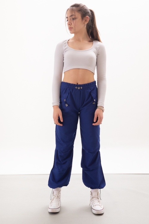 Lacivert Kapak Detaylı Beli Lastikli Kız Paraşüt Pantolon 18057