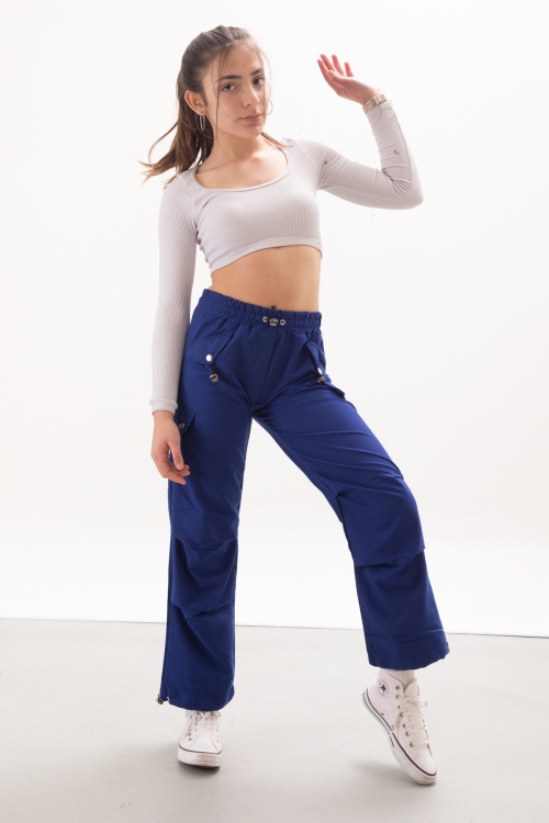 Lacivert Kapak Detaylı Beli Lastikli Kız Paraşüt Pantolon 18057