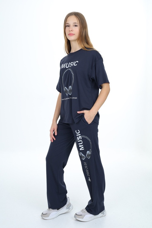 Lacivert Music Yazı Baskılı Kız Çocuk Takım 17893