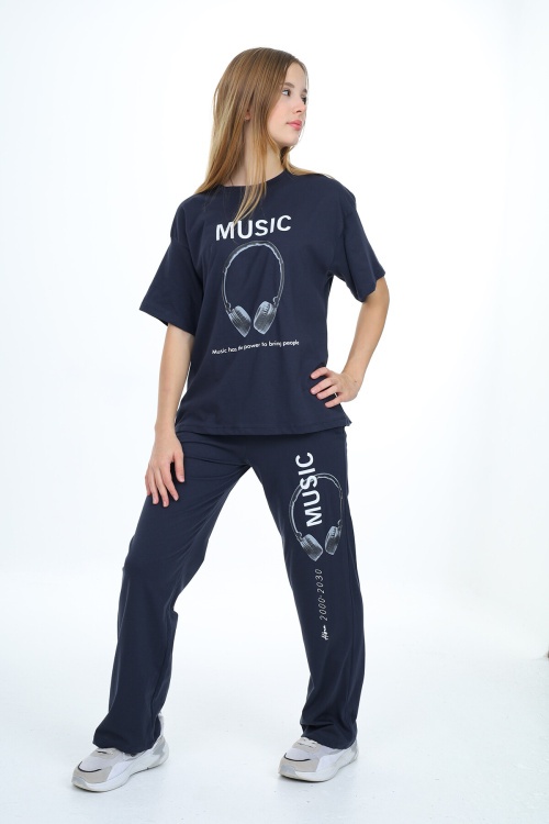 Lacivert Music Yazı Baskılı Kız Çocuk Takım 17893