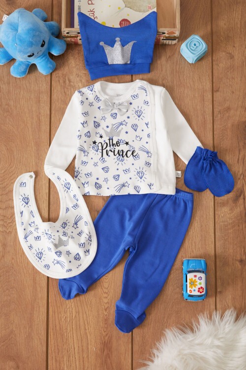 Lacivert Prens Baskılı Şapkalı Erkek Bebek 5li Zıbın Takımı 17521