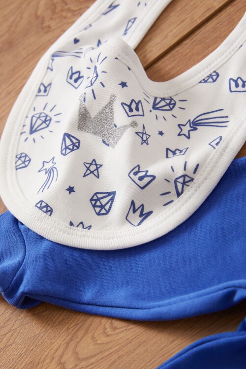 Lacivert Prens Baskılı Şapkalı Erkek Bebek 5li Zıbın Takımı 17521