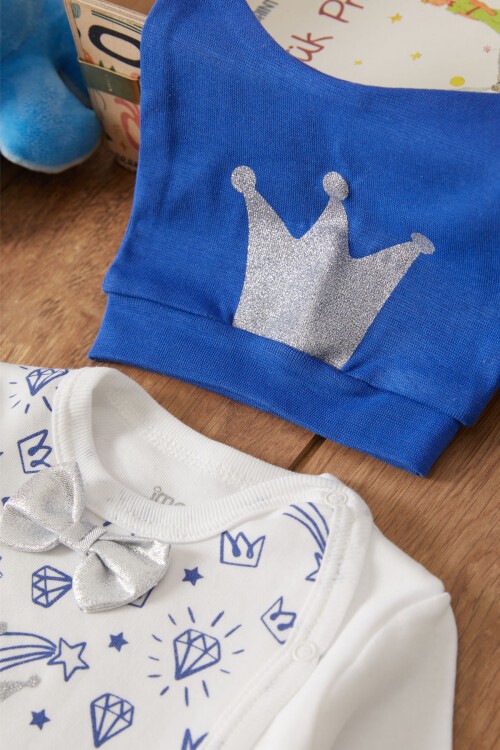 Lacivert Prens Baskılı Şapkalı Erkek Bebek 5li Zıbın Takımı 17521