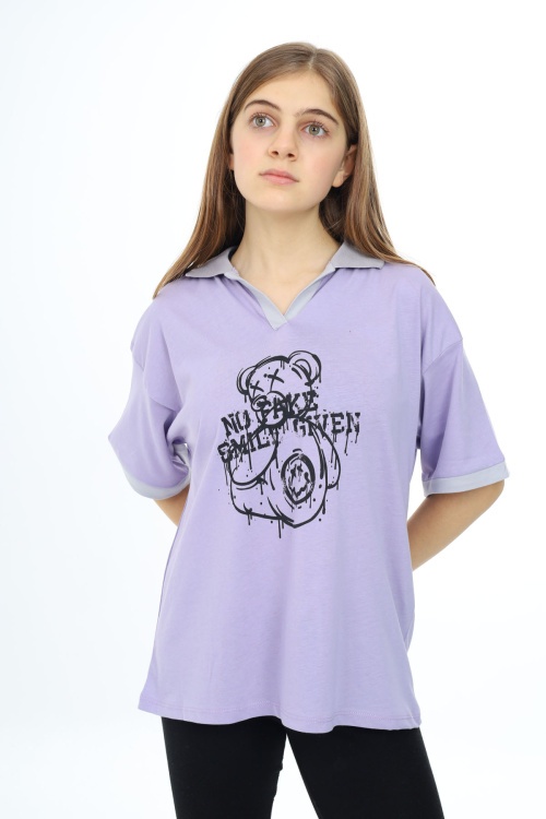 Lila Ayıcık Baskılı Yakalı Oversize Kız Tişört 17820