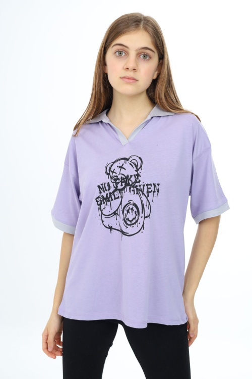 Lila Ayıcık Baskılı Yakalı Oversize Kız Tişört 17820