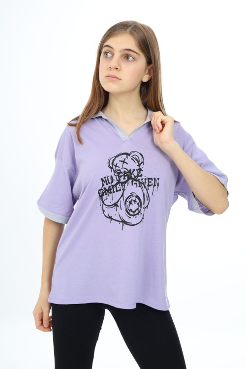 Lila Ayıcık Baskılı Yakalı Oversize Kız Tişört 17820