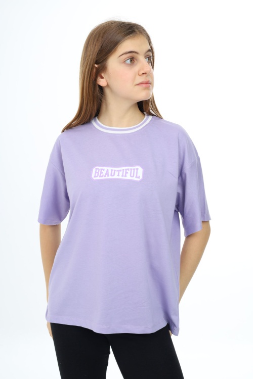 Lila Beautiful Yazılı Oversize Kız Tişört 17818
