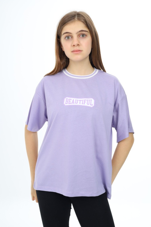 Lila Beautiful Yazılı Oversize Kız Tişört 17818