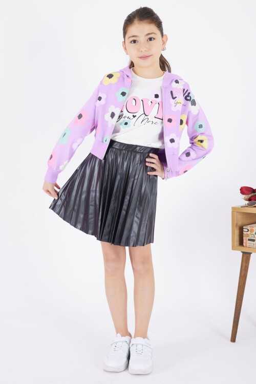 Lila Deri Etekli Kapüşonlu Hırkalı 3lü Kız Takım 17473