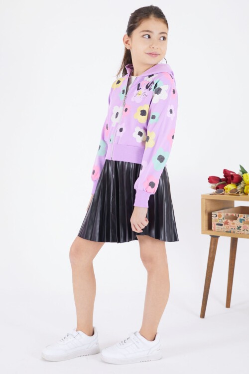 Lila Deri Etekli Kapüşonlu Hırkalı 3lü Kız Takım 17473