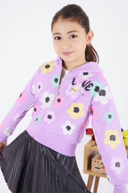 Lila Deri Etekli Kapüşonlu Hırkalı 3lü Kız Takım 17473