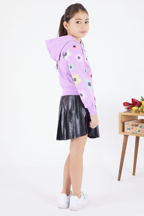 Lila Deri Etekli Kapüşonlu Hırkalı 3lü Kız Takım 17473