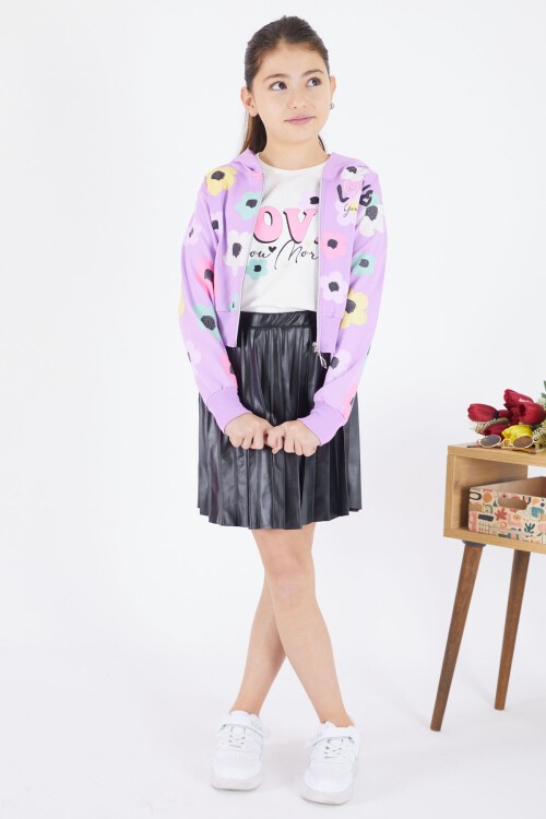 Lila Deri Etekli Kapüşonlu Hırkalı 3lü Kız Takım 17473