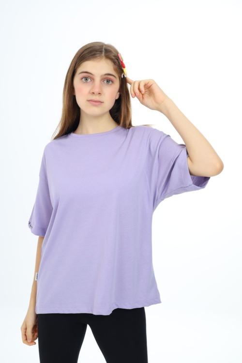 Lila Düz Bisiklet Yaka Kız Tişört 18037