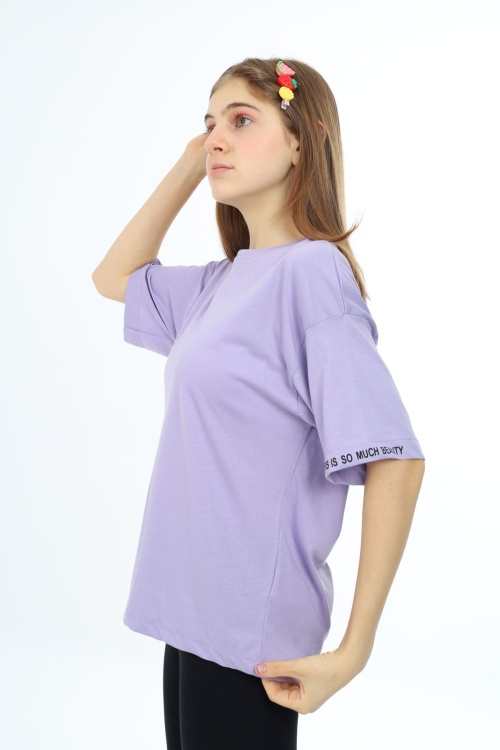 Lila Düz Bisiklet Yaka Kız Tişört 18037