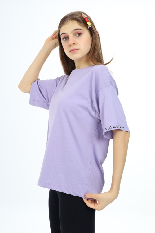 Lila Düz Bisiklet Yaka Kız Tişört 18037