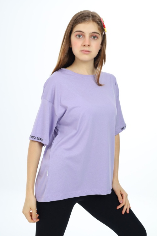 Lila Düz Bisiklet Yaka Kız Tişört 18037
