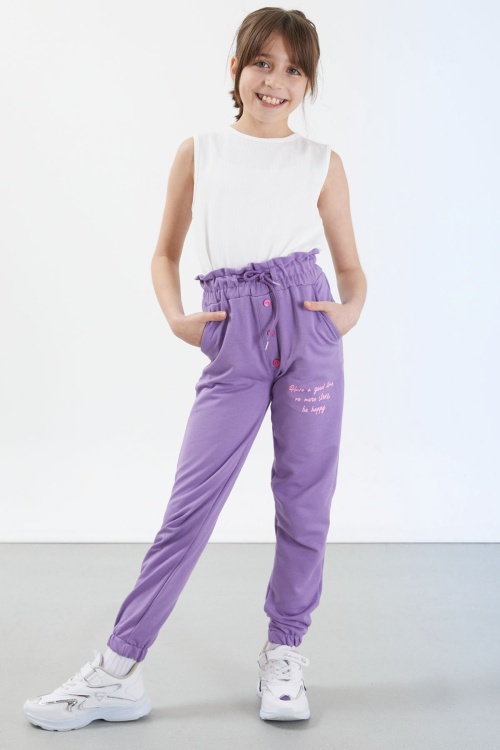 Lila Have a Good Time Yazılı Düğme Detaylı Kız Eşofman Altı 17678