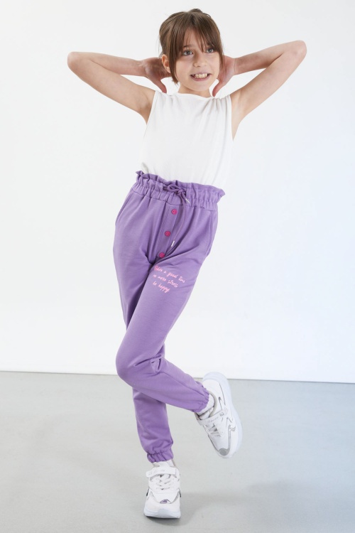 Lila Have a Good Time Yazılı Düğme Detaylı Kız Eşofman Altı 17678