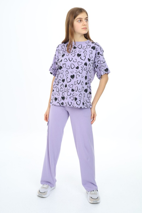 Lila Kalp Baskılı Kız Çocuk Takım 17880