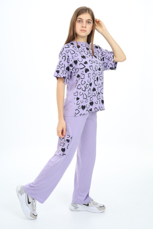 Lila Kalp Baskılı Kız Çocuk Takım 17880