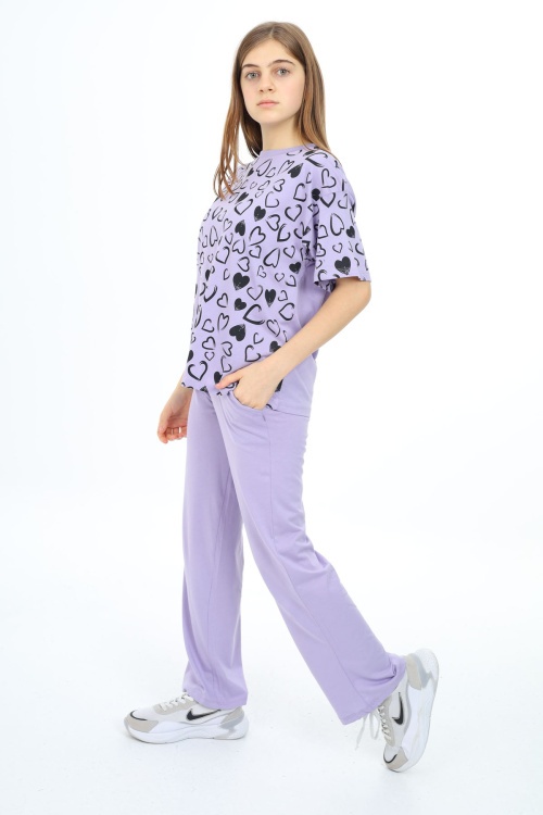 Lila Kalp Baskılı Kız Çocuk Takım 17880