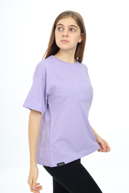 Lila Kalp Kabartmalı Bisiklet Yaka Kız Tişört 17790