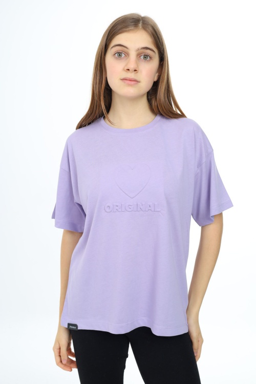 Lila Kalp Kabartmalı Bisiklet Yaka Kız Tişört 17790