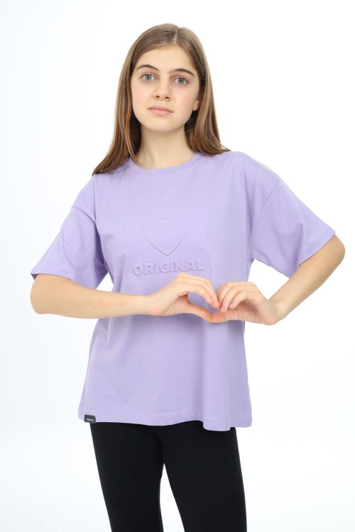 Lila Kalp Kabartmalı Bisiklet Yaka Kız Tişört 17790