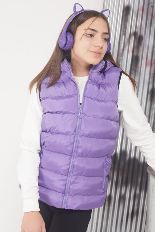 Lila Kapüşonlu Fermuar Cepli Kız Çocuk Şişme Yelek 17534