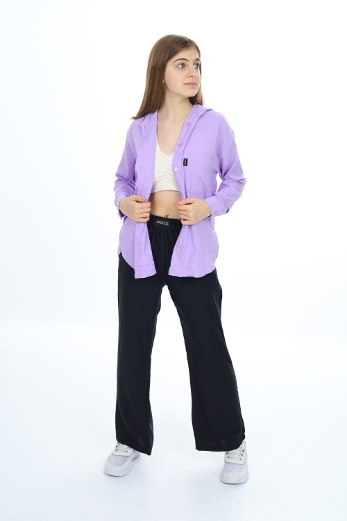 Lila Kız Çocuk Kapüşonlu Gömlekli Takım 17962