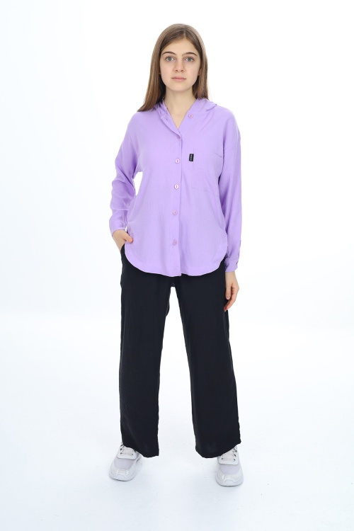 Lila Kız Çocuk Kapüşonlu Gömlekli Takım 17962