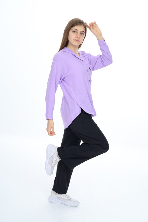 Lila Kız Çocuk Kapüşonlu Gömlekli Takım 17962