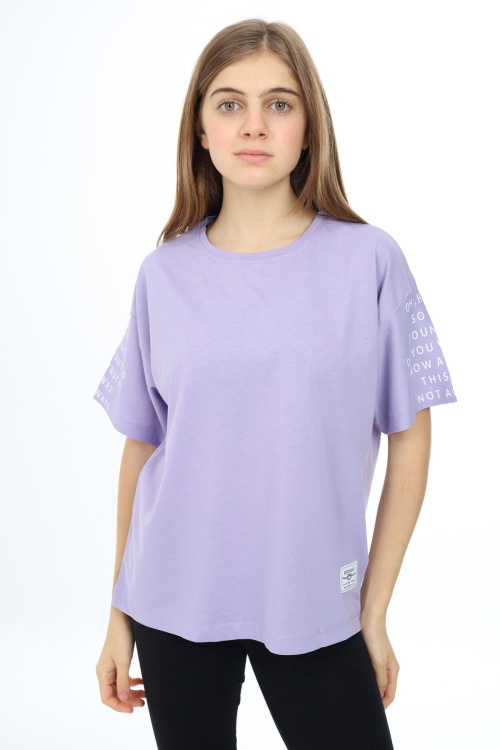 Lila Kolları Yazı Baskılı Armalı Kız Çocuk Basic Tişört 17799