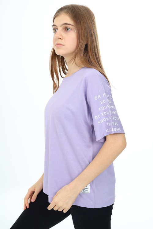 Lila Kolları Yazı Baskılı Armalı Kız Çocuk Basic Tişört 17799