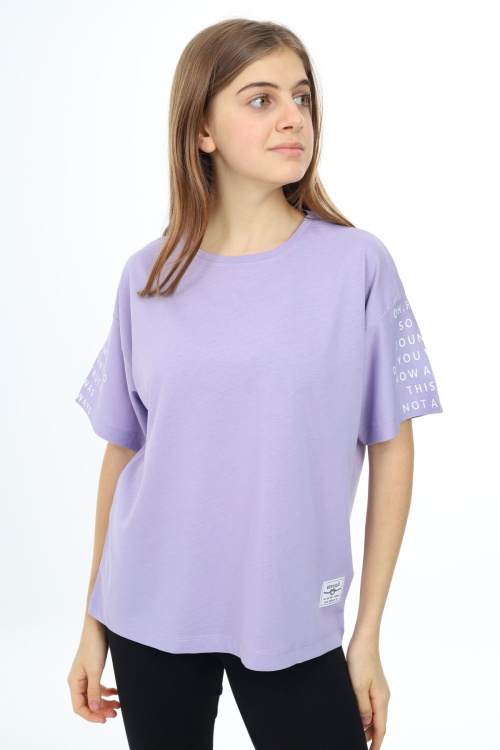 Lila Kolları Yazı Baskılı Armalı Kız Çocuk Basic Tişört 17799